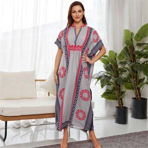 Maxi Dresses with Grids Print V Neck Short Sleeve